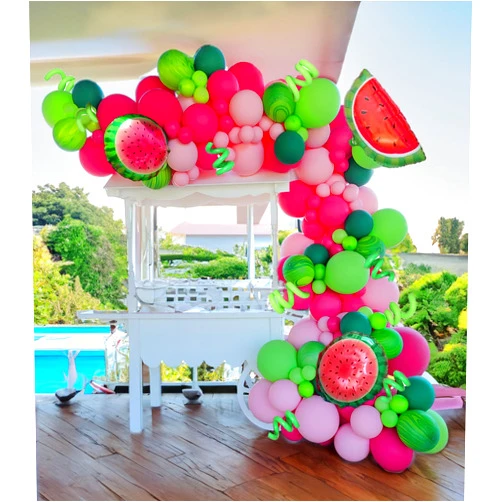 Kozee Summer fruit Watermelon Party Decorations Balloon Arch Garland Kit Red Green Pink with Watermelon mylar balloons for one in a melon theme Birthday Party Decorations