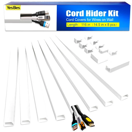 YesBes 116in Cord Hider Kit, Cord Covers for Wires on Wall, Paintable Cable Raceway, Cord Hider for Wall Mount tv, tv Cable Hider Wall kit, Wire Covers for Cords, W0.96in X H0.57in, White