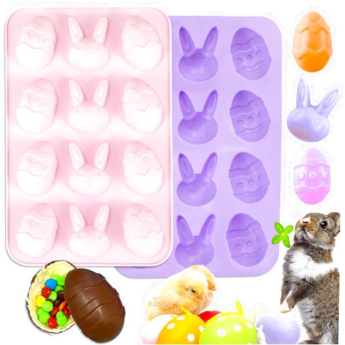 BASEMMAHER 2 Pieces Easter Silicone Egg Bunny Shaped Chocolate Mold Rabbit Mould for Chocolate Cake Fondant Candy Jelly Pudding Manual Soap Hot Chocolate Cocoa Bombs Making of Easter Party Supplies