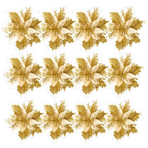 TOYANDONA 12pcs Christmas Glitter Poinsettia Flowers, Artificial Poinsettia Flowers Gold Christmas Tree Ornaments with Stems and Clips for Christmas Wreath Wedding Decorations