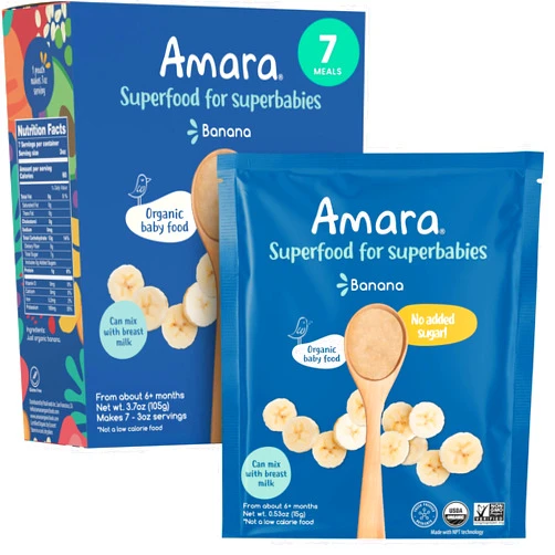 Amara Organic Baby Food - Stage 1 - Banana - Baby Cereal to Mix With Breastmilk, Water or Baby Formula - Shelf Stable Baby Food Pouches Made from Organic Fruit - 7 Pouches, 3.5oz Per Serving