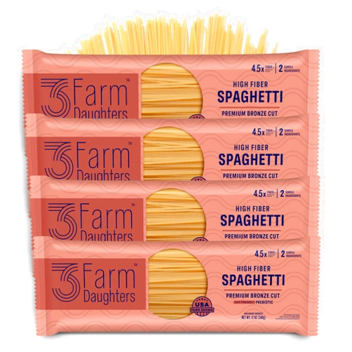 Three Farm Daughters High Fiber Pasta Spaghetti Pack, Irresistible, Low GI, Non GMO Spaghetti Pasta Noodles, Low Net Carb, Made in the USA from Just 2 Simple Ingredients, 12 oz. (4 Pack)