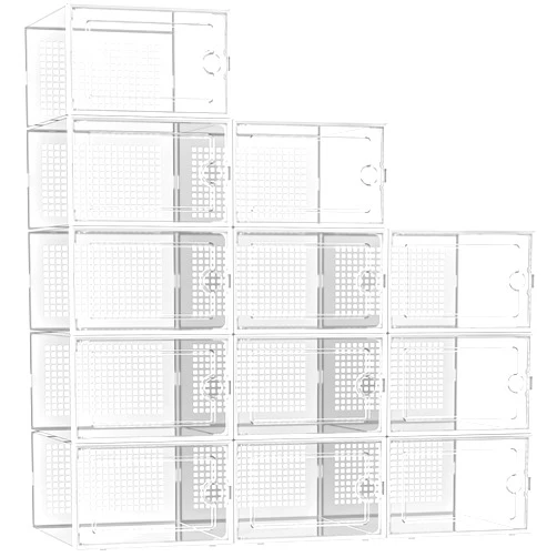 Kuject X-Large Shoe Storage Boxes Organizers Clear Plastic Stackable 12 Pack, Shoe Rack & Holder Substitute, Sneaker Containers, Toy Storage Organizer Bins for Entryway, Closet, Under Bed, White