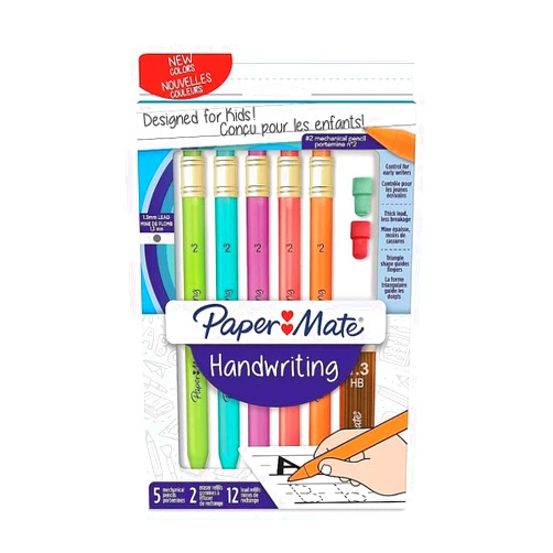 Paper Mate PaperMate Handwriting 5 Mechanical Pencils #2 1.3mm Lead 2 eraser refills 12 lead refills