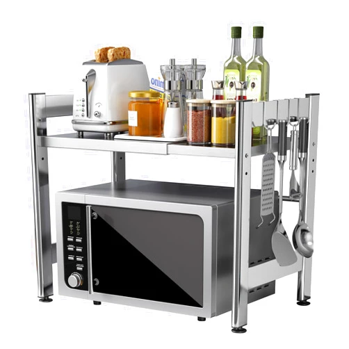 Virvia Extendable Microwave Oven Rack，Adjustable Microwave Stand Kitchen Counter Shelf Kitchen Utensils Storage, Stainless Steel 2-Tier Over Microwave Shelf Countertop Organizing Rack with 4 Hooks（S）