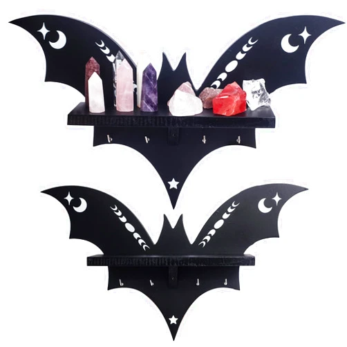 CEFLITECO Bat Shelf - Halloween Wall Decor for Kitchen and Living Room - Spooky Goth Hanging Coffin Shelf with Hooks for Oddities and Curiosities - Crystal Shelf for Display - Witchy Gifts for Women