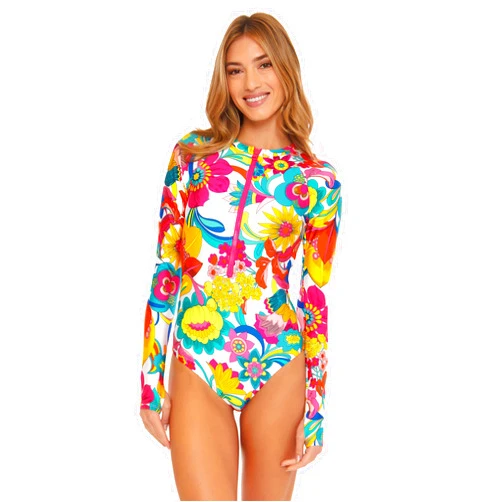 Trina Turk Women's Paddle One Piece Swimsuit, Rash Guard, UV Protection, Zip Front, Long Sleeve, Bathing Suits for Women