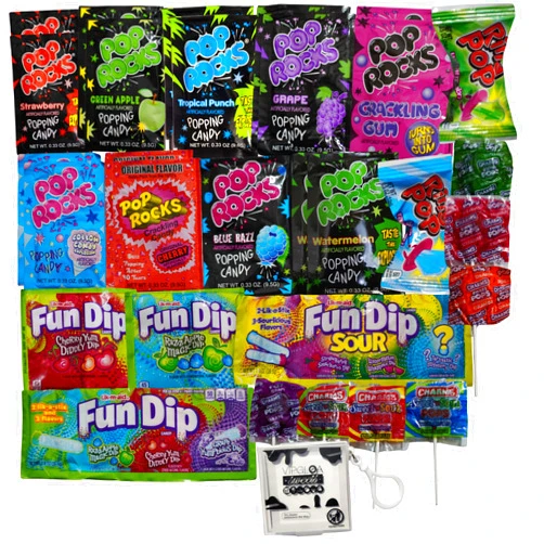 Vipgloa Sweets Pop Rocks, Fun Dip, Charms, Ring Pop Candy Bundle with Vipgloa Refreshing Hand Towels – 9 Pop Rocks Flavors, Charms Sweet and Sour Pops, Mystery Ring Pop, and More – Perfect Retro Candy Gift for Parties and Candy Lovers