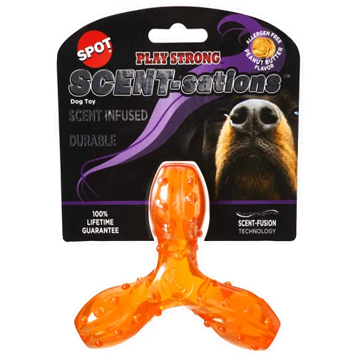 SPOT Play Strong Scent-sations Trident bone - Scent-Infused, Durable TPR Rubber, Heavy Duty Dog Toys for Aggressive Chewers up to 45lbs, Great for Small & Medium Breeds, 5in, Peanut Butter Flavored
