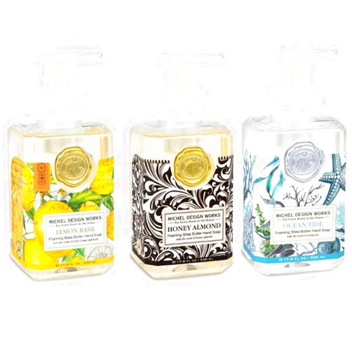 Michel Design Works Foaming Hand Soap Classic Favorites Trio 3 piece Bundle, 17.80-Fluid Ounce, Lemon Basil, Honey Almond & Ocean Tide- 3 Full Size Beautiful Square Containers with Pump