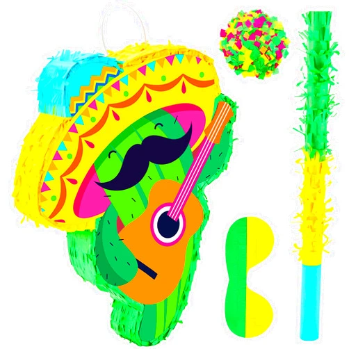 Lewtemi Cactus Piñata Mini Sombrero Party Hats Mexican Fiesta Decorations with Piñata Stick Blindfold Confetti Set, 16.1 x 13 x 3 Inch