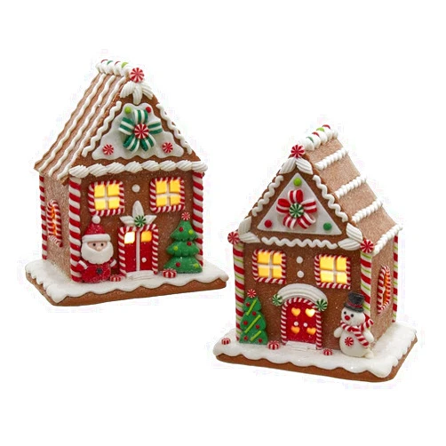 Kurt S. Adler Kurt Adler 8 Inch Battery Operated Santa/Snowman LED Gingerbread House, Set of 2