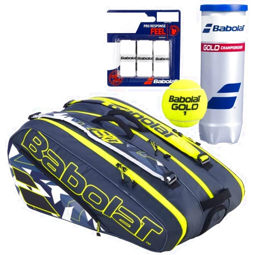Babolat Pure Aero Racquet Holder x12 Tennis Bag (Grey/Yellow/White) with Optional Accessories