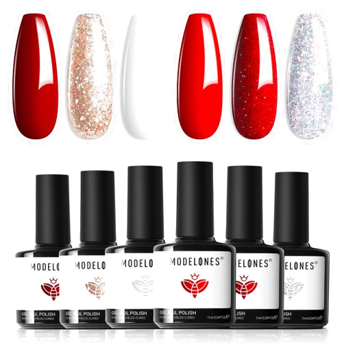 modelones Red Gel Nail Polish Set 6 Colors, White Glitter Sparkle Bright Burgundy Dark Rose Champagne Silver Candy Cane Nail Gel Kit Soak Off Nail Art Gel Design Mani Salon DIY Gift for Girls Women