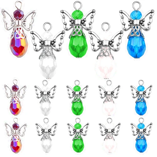BronaGrand 20 Pieces Angel Wings Charms Pendants Alloy Hollow Angel Wing Dangle Charm Colorful Glass Teardrop-shaped Beads for DIY Earrings Necklace Jewelry Making Findings
