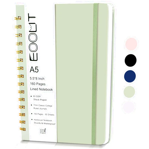 EOOUT Spiral Journal Notebook for Women, 160 Pages A5 Lined Hardcover Notebook, 5.5 x 8in College Ruled Spiral Journal Notebooks for Work, Writing (Light Green)