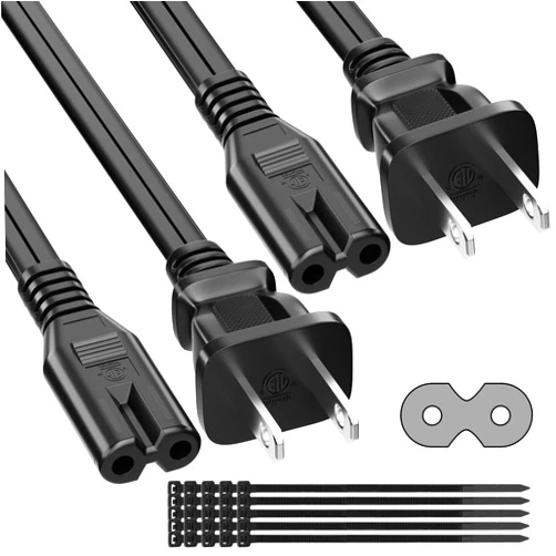 Kxable 2 Prong Power Cord 4 FT (2-Pack), Non-Polarized AC Power Replacement Supply Cable, 7A, 125V, ETL Compatible PS5/PS4 Samsung LG TCL Sony Roku TV, Xbox, Laptop, Canon Printer, C7 to 1-15P, with 25 Ties