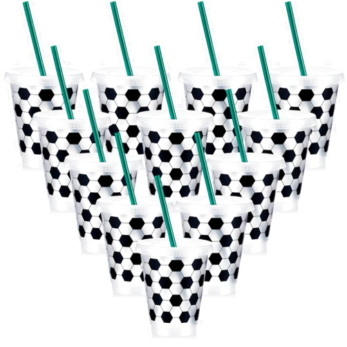 Uiifan 12 Pcs Plastic Soccer Cups Reusable Tumbler with Lid and Straw Sports Gifts for Coach Fan Men Women Soccer Party Favors Sports Themed Party Decoration (16 oz)