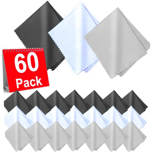 Zeefpod 60-Pack Microfiber Cleaning Cloths for Glasses, 6x7 Inch Premium Lens Cleaning Cloth for Screens, Cameras, Eyeglasses, Cell Phone, LCD TV Screens，Black，Grey and Light Blue