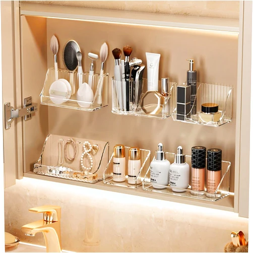 MORNITE 3 Pcs Medicine Cabinet Tray Organizer, Small Adhesive Bathroom Vanity Floating Shelves Storage for Toilet, Mirror, Wall, Countertop, Clear