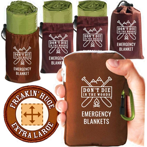 Don't Die In The Woods - Freakin’ Huge Emergency Blankets [4-Pack] Extra-Large Thermal Mylar Space Blankets with Ripstop Nylon Stuff Sacks + Carabiner Zipper Pack [Army Green]