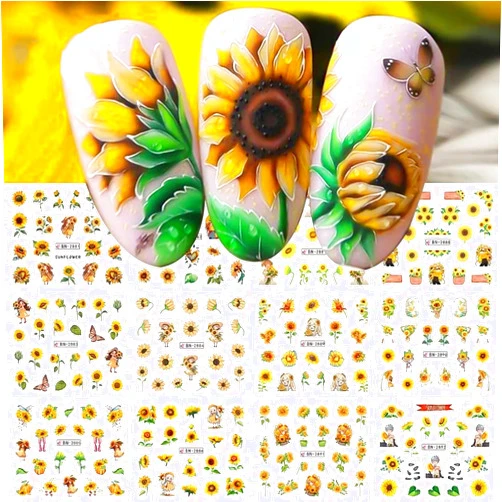 AIDVPOD Sunflower Nail Stickers Daisy Nail Art Decal Spring Nail Yellow Flower Nail Design for Women Girls Spring Summer Nail Art Decoration Supplies 12 Sheets