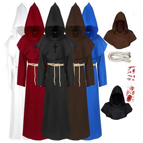 LOTIKS Friar Medieval Monk Long Cloak Priest Knight Robe Necklace Belt Tattoo Halloween Adult Teens Costume Cape Party Props