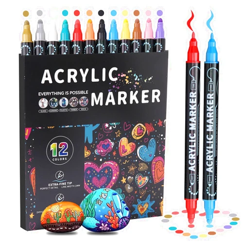 Nauets 24 Colors Dual Tip Acrylic Paint Pens, Fine & Dot Tip Premium Coloring Markers Set for Wood, Rock Painting, Stone, Drawing, Canvas, Glass, Ceramic Surfaces and DIY Crafts Making Art Supplies