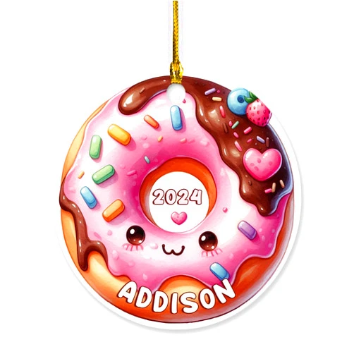 Pissro Personalized Donut Christmas Tree Ornament, Sweet Donut Xmas Ornament Gifts for Donut Lovers, Custom Name Strawberry Donut Keepsake Ornament, Donut Food Sweet Dessert Christmas Hanging Ornament 2024