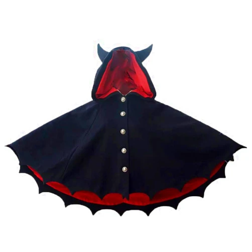 DUNHAO COS Lolita New Devil Ears Bat Cloak Shawl Woolen Coat Cosplay Female Autumn Winter Coat Black