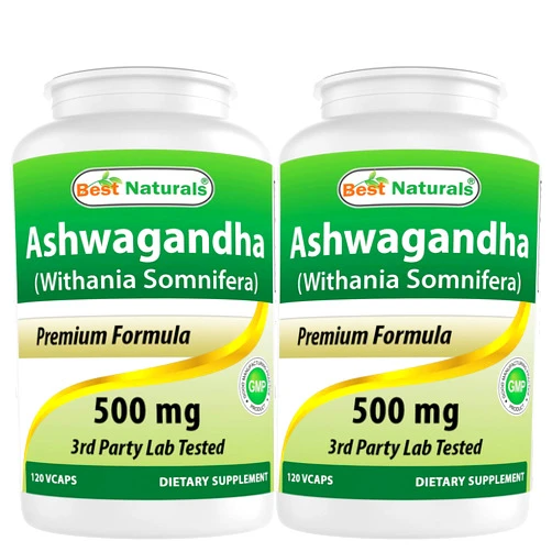 Best Naturals 2 Pack Ashwagandha Capsules for Relaxing Stress and Mood, 500 mg, 120 Count (Total 240 Capsules)