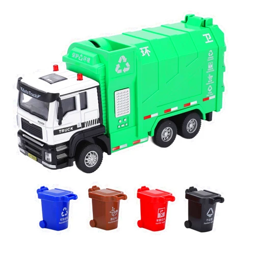 Keenso Garbage Truck Toy Multifunctional 1:50 Pull Back Alloy Recycling Truck Toy Set with 4 Trash Cans
