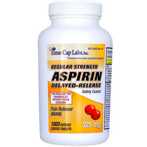 Time Cap Labs Aspirin Adult Regular Strenght Enteric Coated 325 mg Generic for Ecotrin Bayer Aspirin 1000 Tablets Per Bottle