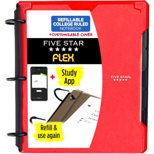 Five Star Flex Hybrid NoteBinder + Study App, 1 Inch Binder with Tabs, Customizable Cover, Notebook and 3-Ring Binder All-in-One, Red (29326AB2)