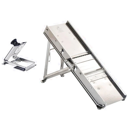 TELLIER BRON COUCKE - Professional Mandoline - Stainless Steel - Slices Fruits and Vegetables, Makes French Fries and Julienne - Straight Blade + Waffle Blade - Adjustable Thickness - Includes Safety Carriage