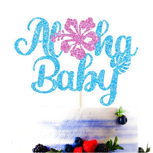 Sriburcio Blue Glitter Aloha Baby Cake Topper, A Baby is Brewing/Welcome Baby/Sweet Baby, Baby Shower/Gender Reveal Party Decorations