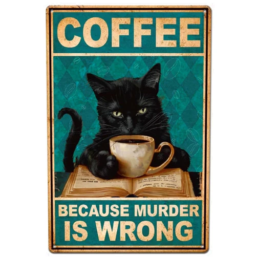 SUPERDANT Cat Book Coffee Metal Tin Sign Funny Cat Tin Sign Retro Metal Poster Vintage Funny Art Sign for Home Office Restaurants Cafes Bars Pub Man Cave Wall Decor Plaque Sign