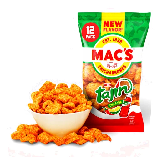 Mac's Tajin Chili Lime Fried Pork Skins - Tajin Chili Lime Flavored Chicharrones Pork Rinds - Low Carb, Gluten-Free, Keto-Friendly Snack- 3oz (12-Pack)