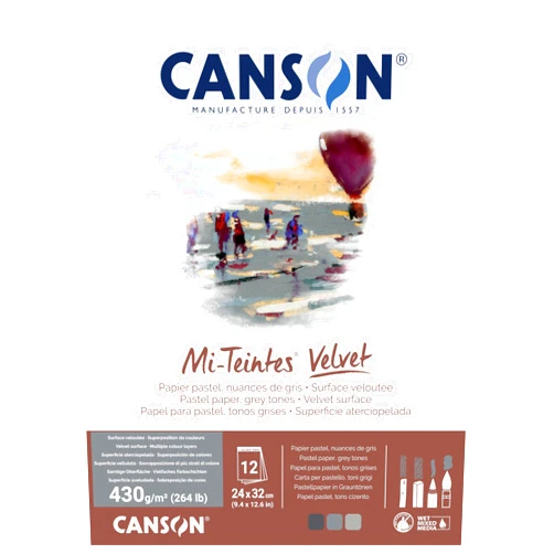 Canson Mi-Teintes Velvet Drawing Paper Pad, Grey Tones, Assorted Colors, Glue Binding, (260lb/430g), 12 Sheet, 9.4x12.6 inch, 1 Count
