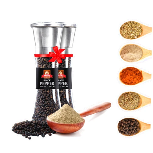 MALKA The Queen Of Taste Malka Premium Black Pepper Grinder Set of 2 - Adjustable Coarseness, Refillable Stainless Steel Grinder with Glass Body, Easy-Clean Ceramic Blades for Fresh Ground Spices