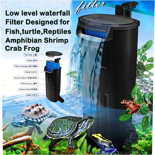JackSuper Aquarium Turtle Filter Waterfall Flow Water Clean Pump Bio-Filtration for Reptiles Tank Low Level Waterfall Filter for Small Fish Tank Turtle Tank Shrimp Amphibian Frog Crab (Aquarium Filter)