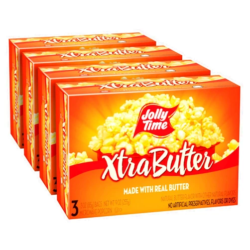 Jolly Time Xtra Butter Trans Fat & Gluten Free Microwave Popcorn with Extra Buttery Fresh Popped Flavor, 3oz Sharing Bag, 3 Bags Per Carton (Xtra Butter, 3 Ounce (Pack of 12))