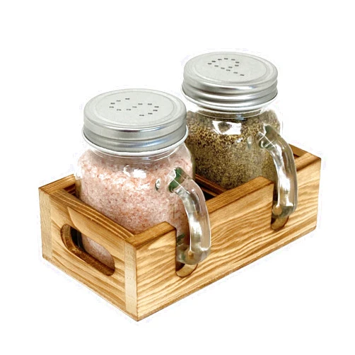 CB Accessories Mason Jar Salt and Pepper Shakers - Glass Shaker Set with Wood Holder Caddy, Easy to Clean & Refill for Farmhouse Kitchen Table, Home and Gifts