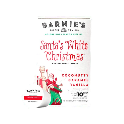 BARNIE'S COFFEE TEA CO. Barnie's Single Serve Santa's White Christmas Coffee Pods with Coconut, Caramel and Warm Vanilla Flavors, Medium Roast Coffee Compatible with Keurig Brewers, 10 Count