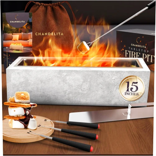 Chandelita Large Table Top Firepit with Roasting Sticks - 15x3.7x4in, Made of Thick Concrete - Personal Concrete Fireplace - Indoor Smokeless Fire Pit - Table Top Fire - Rectangular Tabletop Fire Pit