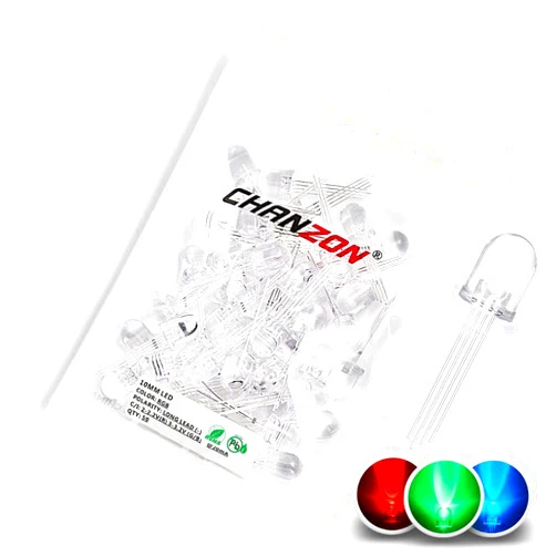Chanzon 50 pcs 10mm RGB Multicolor LED Diode Lights Common Cathode(Clear Round Transparent 3 Color) 4 pin Bright Lighting Bulb Lamps Electronics Components Indicator Light Emitting Diodes