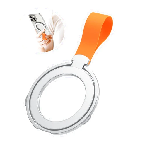 Moxamo Magnetic Mobile Phone Ring, Silicone Lanyard Ring Buckle Holder, Magnetic Mobile Phone Ring, Ultra-Thin Folding Desktop Stand with a Ring, for All Mobile Phones (Silver Ring + Orange Rope)