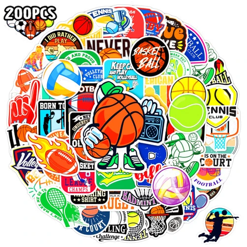 WAKEMOODEI 200 PCS Sports Stickers for Water Bottles, Waterproof Mixed Balls Stickers for Kids Boys Basketball Baseball Soccer Volleyball Tennis Vinyl Cool Stickers Bulk Sport Party Favors