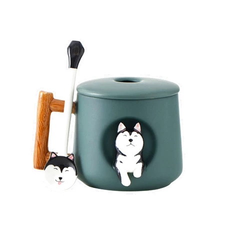 DIHOclub Ceramic Coffee Mug with Lid and Matching Spoon,Novelty 3D Husky Pattern Mug for Tea Milk Chocolate Juice,Cute Cup for Dog Lovers,Perfect Gifts-14 Ounces (green)