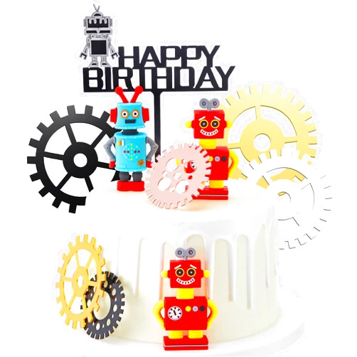 Jetec 11 Pieces Robot Cake Toppers for Boys Robot Birthday Cake Topper Gear Happy Birthday Robot Cake Cupcake Decorations Robot Themed Party Decorations Robot Figurine for Robot Birthday Party Supplies